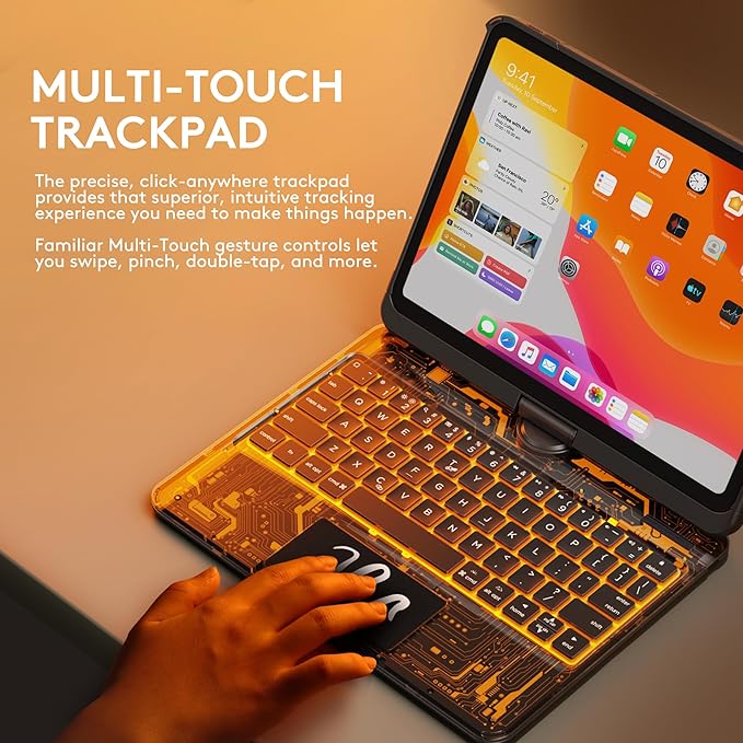 GUSGU Transparent Case with Wireless Keyboard only for 2024 iPad Pro 11-in.(M4), 7 Colors Backlight, Trackpad, 360°Rotating Stand for iPad Pro 11(5th Gen), Tech Style