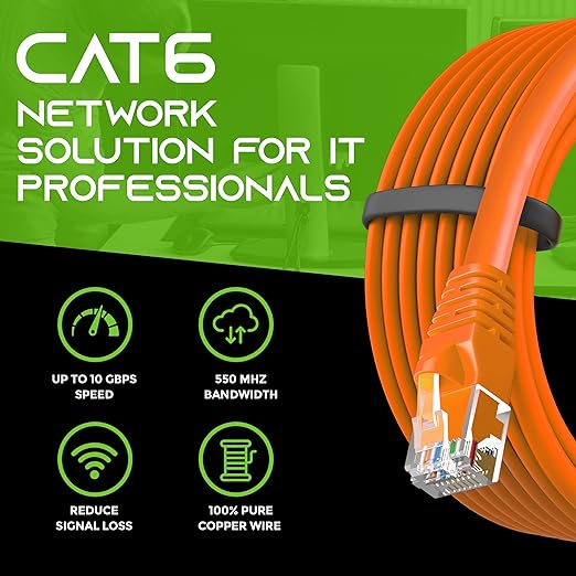 GEARit Cat 6 Ethernet Cable (24-Pack 1 Foot) Cat6 Network Patch, 10Gbps, RJ45, Snagless Cord, Gold-Plated Connectors, Internet for PC, TV, Tablet, Router, Printer, Servers, IT Data Center - Orange