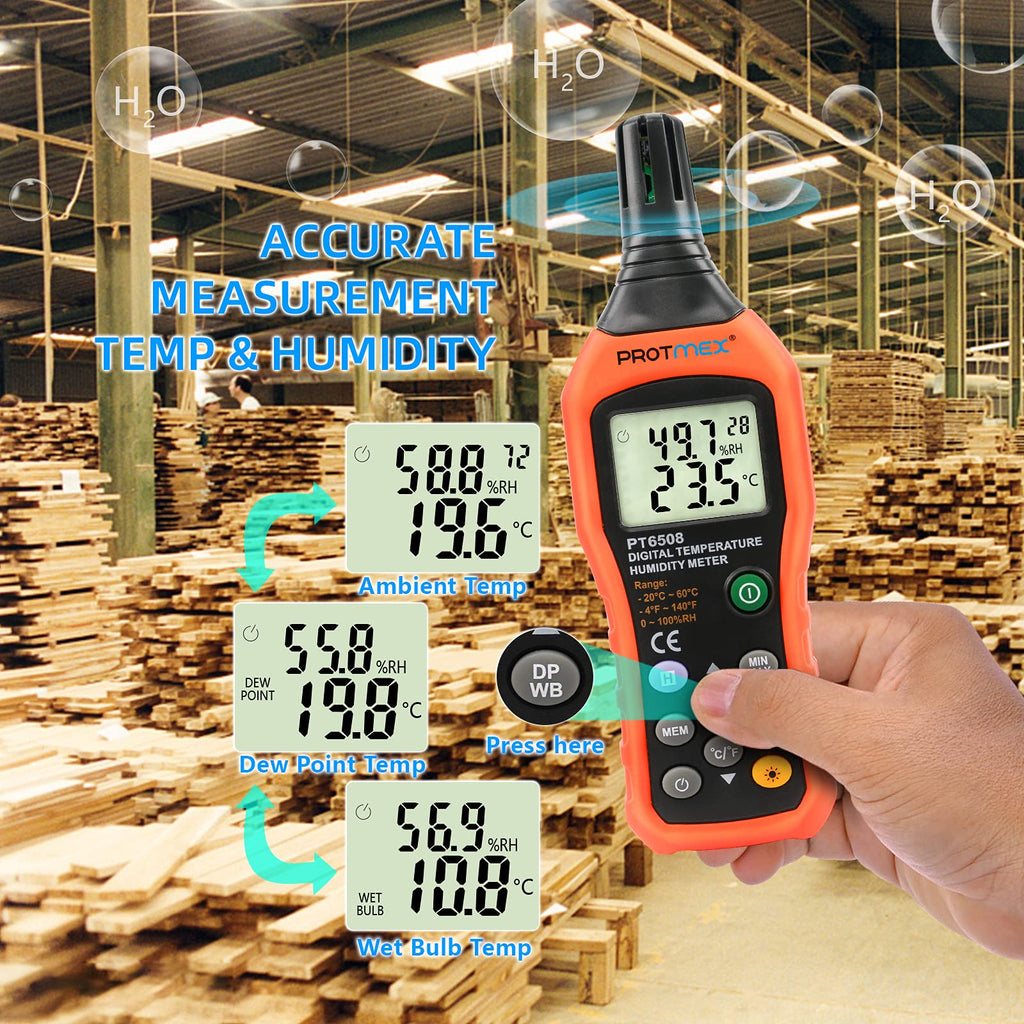Protmex Digital Temperature Humidity Meter, Thermometer Hygrometer with Ambient Dew Point and Wet Bulb Temperature Indoor and Outdoor, Data Logger with Min/Max Hold, LCD Backlight, PT6508