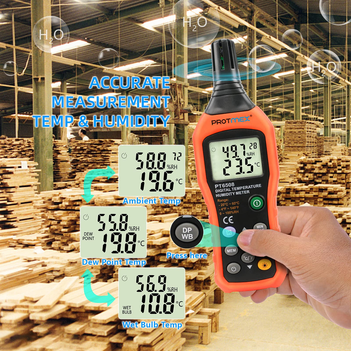 Protmex Digital Temperature Humidity Meter, Thermometer Hygrometer with Ambient Dew Point and Wet Bulb Temperature Indoor and Outdoor, Data Logger with Min/Max Hold, LCD Backlight, PT6508