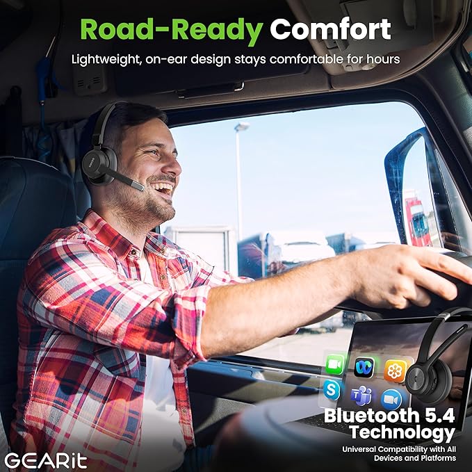 GEARit Wireless Bluetooth Headset with Mic - 35 Hrs Talk Time - for Trucker, w/Noise Cancelling Microphone & Mute Button - Easy to Set Up Wireless for Work, Phone Calls, Homes, Offices