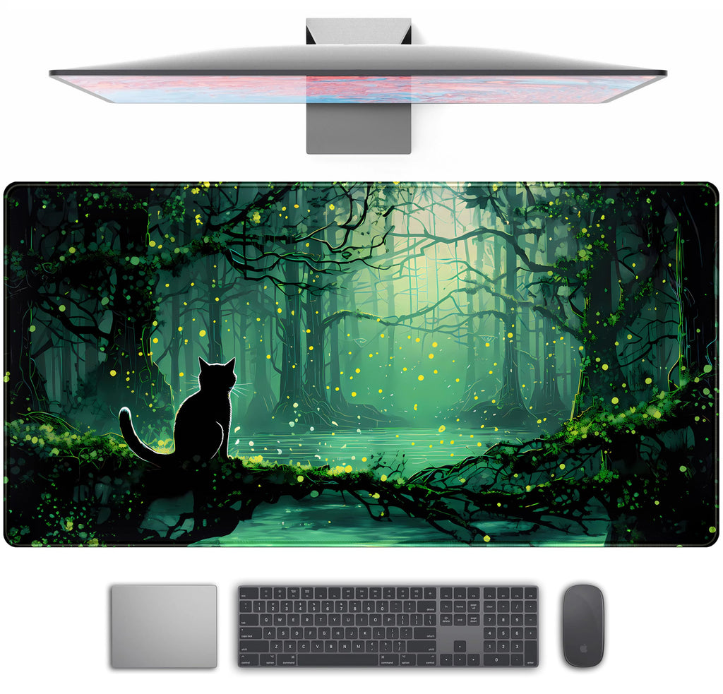 Kawaii Green Forest Desk Pad Mouse Pad Cute Black Cat Desk Mat, XXL Extended Anime Cats Large Gaming Mousepad, Computer Keyboard and Mouse Deskpad Decor Deskmat with Stitched Edges Mat 31.5x15.7 in
