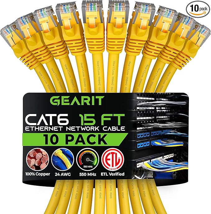 GearIT Cat 6 Ethernet Cable (10-Pack 15 Feet) Cat6 Network Patch, 10Gbps, RJ45, Snagless Cord, Gold-Plated Connectors, Internet for PC, TV, Tablet, Router, Printer, Servers, IT Data Center - Yellow