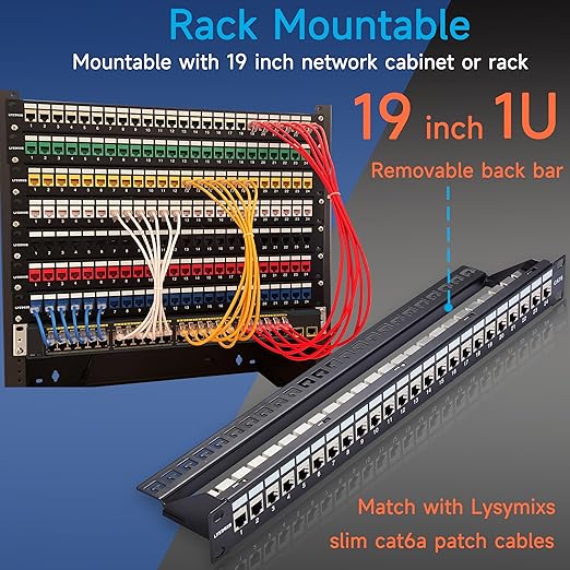 24 Port RJ45 Patch Panel Cat6 STP Feed Through, Coupler Network Panel 19 Inch, Inline Keystone Ethernet Patch Panel with Back Bar