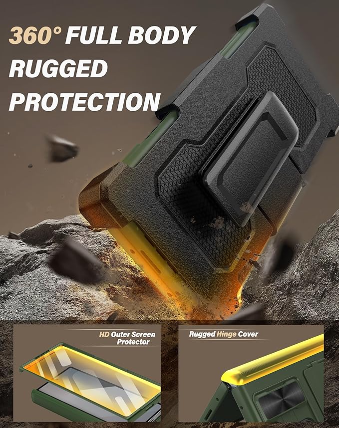Vihibii for Samsung Galaxy Z Fold 6 Case with Belt Clip Holster & Card Holder & Screen Protector & Camera Cover & Hinge Protection, Full Body Cover Sturdy Wallet Phone Case for Galaxy Z Fold 6, Green