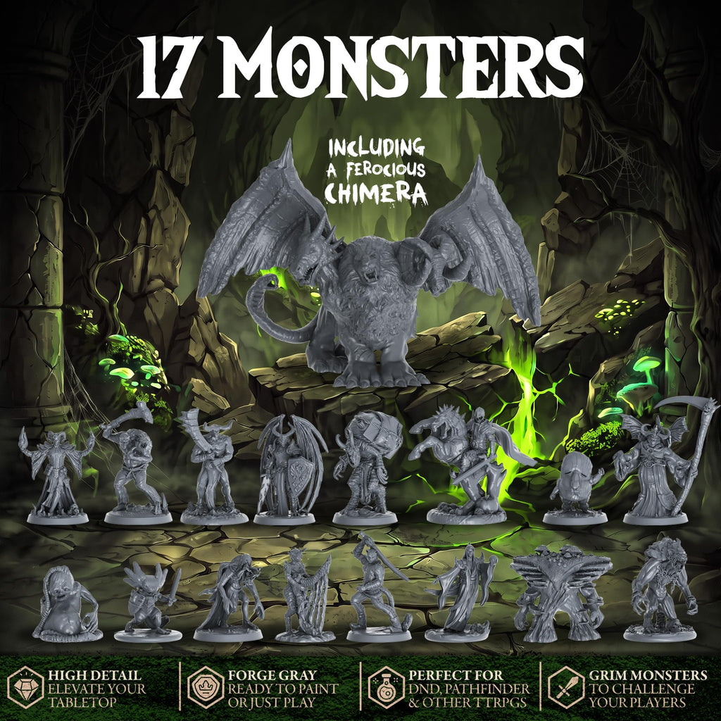D&D Miniatures with DND Mimic Miniature, Monster Set and Chimera Boss, 28mm
