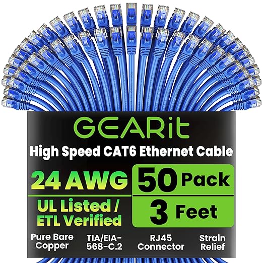 GEARit Cat 6 Ethernet Cable Pack - 50-Pack 3 ft Cat6 Ethernet Patch Cables | RJ45 Network Patch Cable, 10 Gbps Snagless Gold-Plated Connectors - Ethernet Cable Cat 6 for PC, TV, Router - Blue