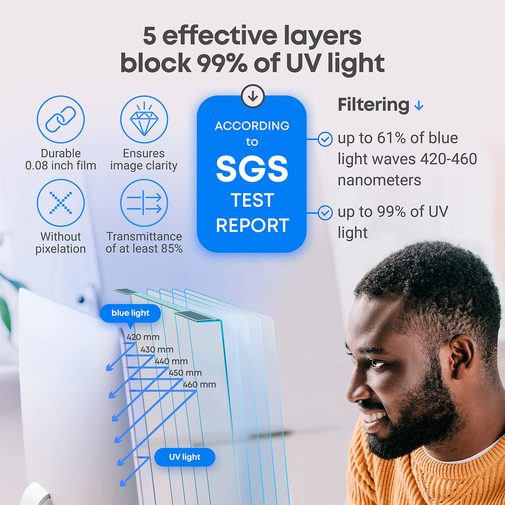 VINTEZ Blue Light Screen Protector for 24 Inch Computer Monitor and Laptop – Anti-UV Blue Light Blocking Film for Desktop PC, Eye Protection Filter, 21.2" x 12.6", 1 Pack