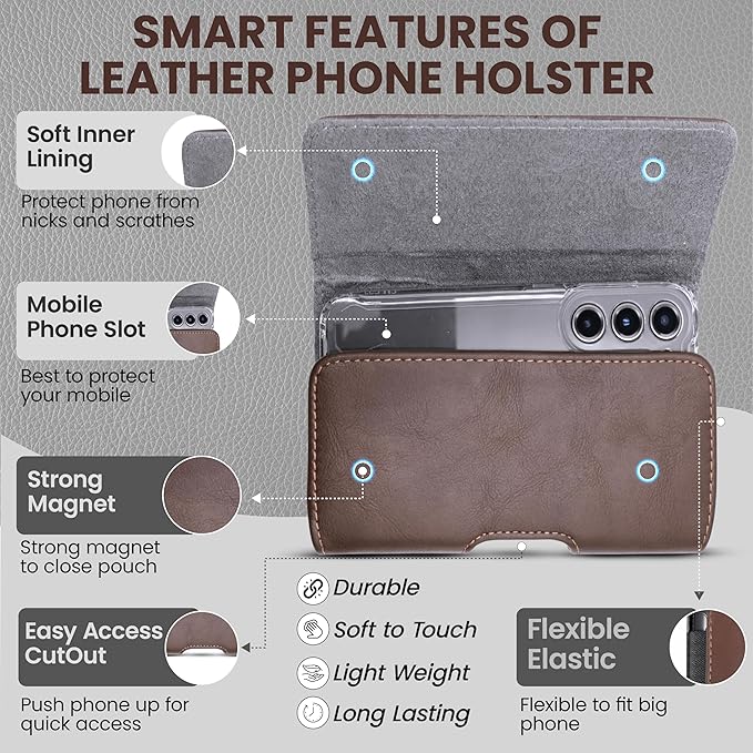 Leather Phone Holster for Men & Women, Horizontal Cell Phone Case -Fits iPhone Air 2025, 16/15/14 Plus/11 Pro Max, XS Max, Belt Clip/Loop Carrying Phone Pouch Holder, Brown Large.
