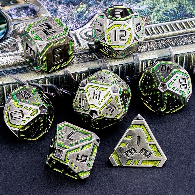 Metal DND Sci-fi Dice Set 7PCS Stripe Polyhedral Dice for Dungeons Dragons RPG Role Playing Game, Glitter D and D Dice with Gift Box D6 D8 D10 D12 D20 (Grey&Green Yellow)