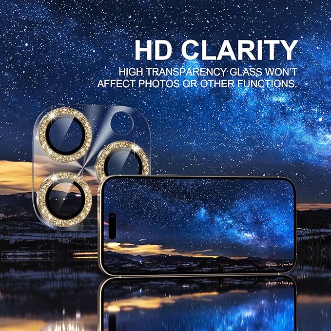 Choiche Compatible for iPhone 16 Pro/iPhone 16 Pro Max Camera Lens Protector, Bling Camera Cover with 9H Tempered Glass Lens Screen Protector Metal Ring Decoration Accessories (Clear-Titanium Desert)
