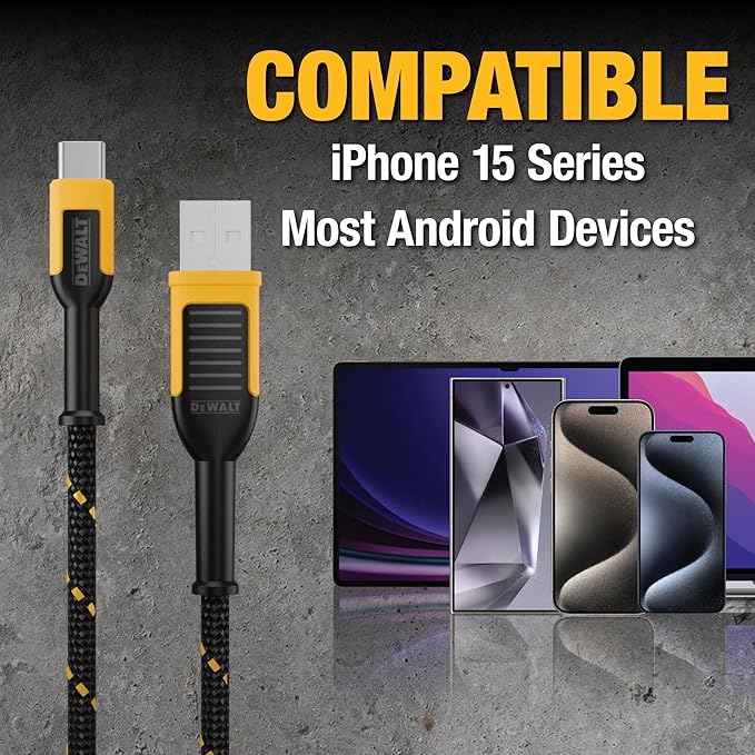 DEWALT Heavy Duty USB C Cable, Premium Braided Nylon USB A to Type C Charger Cable Fast Charging for iPhone 16 Series, iPhone 15 Series, Samsung Galaxy S10 S10+ / Note 9, LG V30 (USB 2.0, Black)