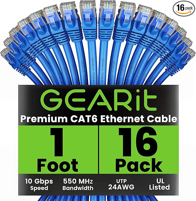 GearIT Cat 6 Ethernet Cable (16-Pack 1 Foot) Cat6 Network Patch, 10Gbps, RJ45, Snagless Cord, Gold-Plated Connectors, Internet for PC, TV, Tablet, Router, Printer, Servers, IT Data Center - Blue