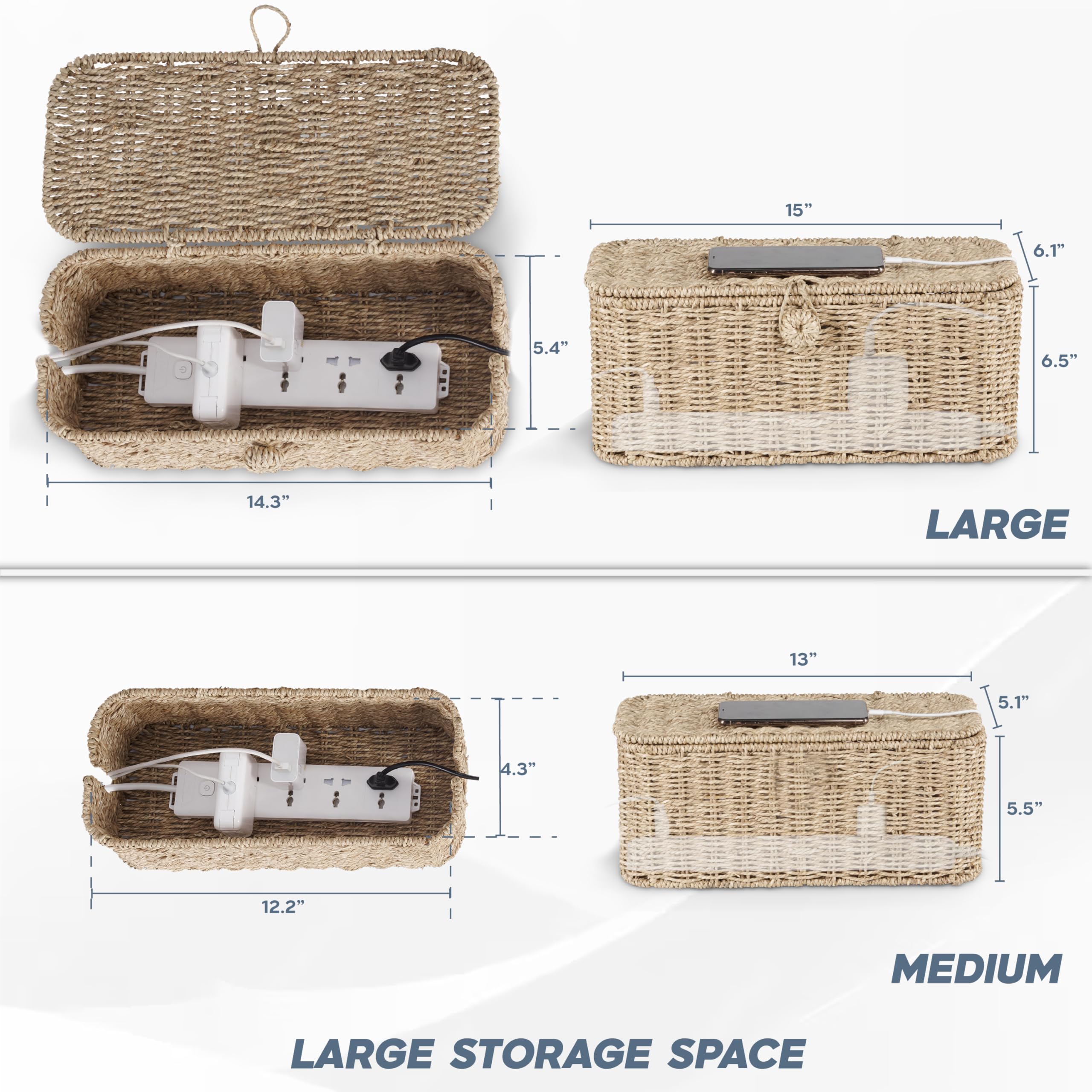 2-Pack Large Cable Management Box, Natural Rattan Cable Cord Organizer Boxes for Power Strip – 2 Open Slots Cords Hider Box for TV Wires, Computer, Router, USB Hub and Under Desk Power Strip
