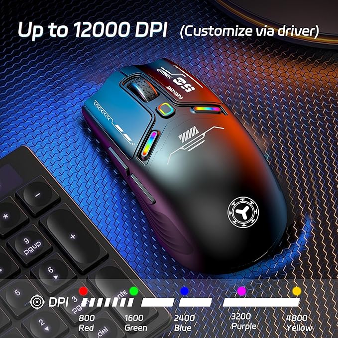TENMOS M530 Wireless Gaming Mouse, 2.4G/Bluetooth/USB C Wired Rechargeable Mouse, 12000 DPI, RGB, 6 Programmable Buttons, Honeycomb Magnetic Cover, with Receiver Extender for Laptop/PC/Mac, Black
