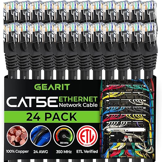 GearIt 24-Pack, Cat5e Ethernet Patch Cable 5 Feet - Snagless RJ45 Computer LAN Network Cord, Black