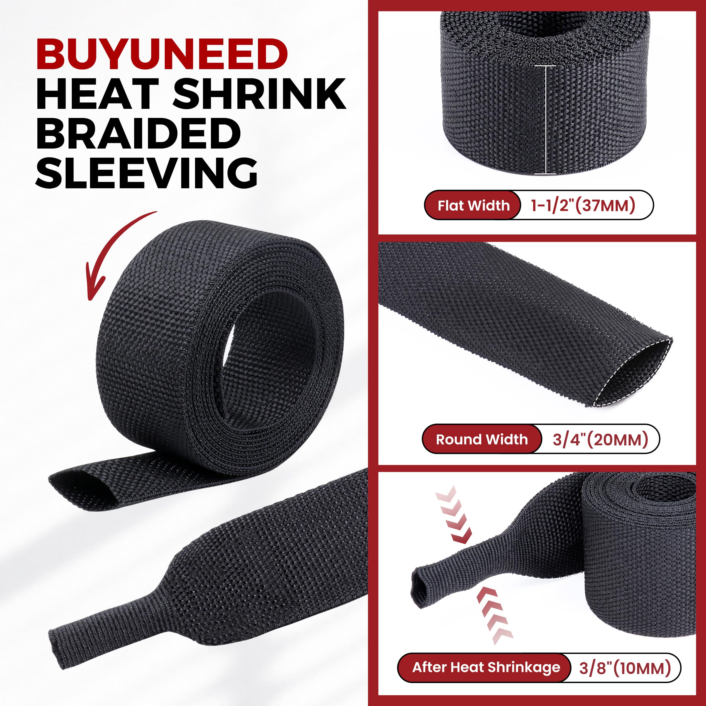 BuyUneed 2:1 Ratio Heat Shrinkable Braided Wiring Sleeving 3/4" ID-46ft