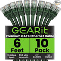 GearIT Cat 6 Ethernet Cable (10-Pack 6 Feet) Cat6 Network Patch, 10Gbps, RJ45, Snagless Cord, Gold-Plated Connectors, Internet for PC, TV, Tablet, Router, Printer, Servers, IT Data Center - Green