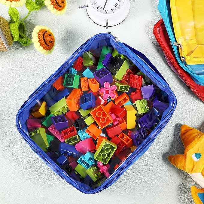 8 Packs Toy Storage Bags with Zipper, Clear PVC Organizing Bags, Reusable Toy Storage Organizer with Portable Handle, Travel Waterproof Organizer Bags for Building Blocks, Puzzle, Toys and Books