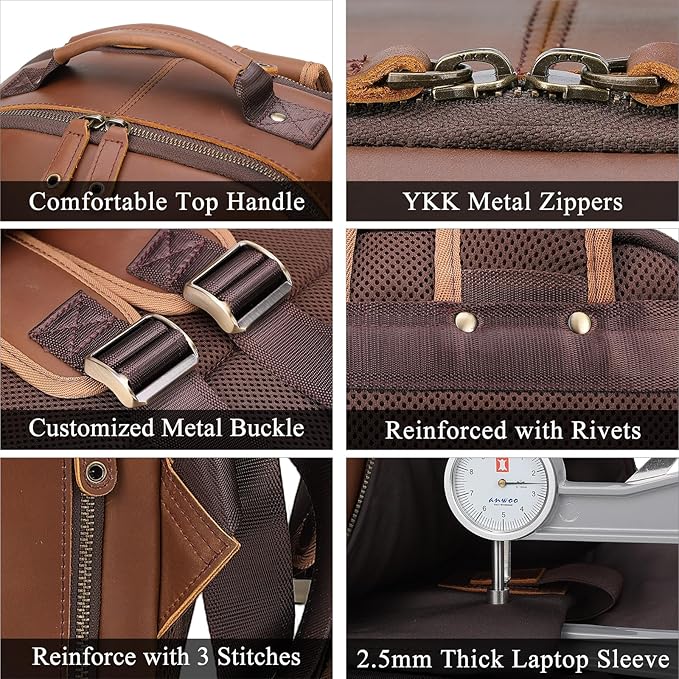 TIDING Brown Leather Travel Backpack for Men, Vintage 16 Inch Laptop Casual Daypack Business Camping Overnight Rucksack