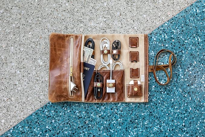 Tech Roll Organizer, Travel Tech Organizer, Cord Organizer, Jewelry Case (Natural - Brandy)