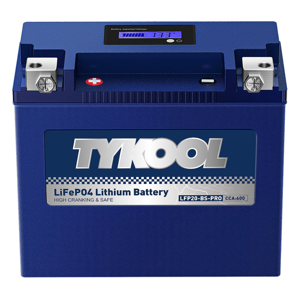 TYKOOL LFP20-BS-PRO Lithium Battery, Replaces YTX20-BS YTX20H-BS GYZ20H, 650CCA 12Ah fits for Indian Chief Scout Arctic Cat Alterra ZR 8000 Yamaha SR Viper Moto Guzzi California, Digital Readout [+ -]