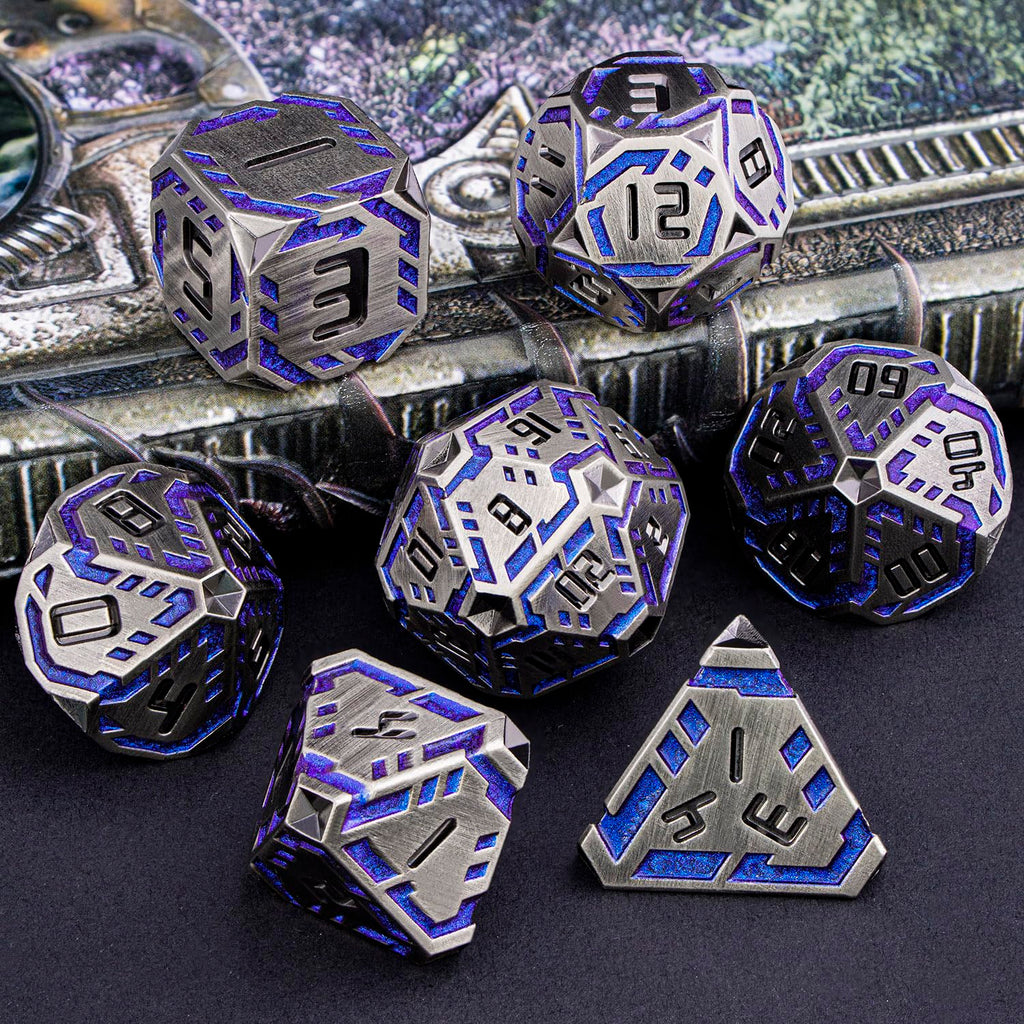 OGCOPHEN Metal DND Sci-fi Dice Set 7PCS Stripe Polyhedral Dice for Dungeons Dragons RPG Role Playing Game, Glitter D and D Dice with Gift Box D6 D8 D10 D12 D20 (Blue Purple&Grey)