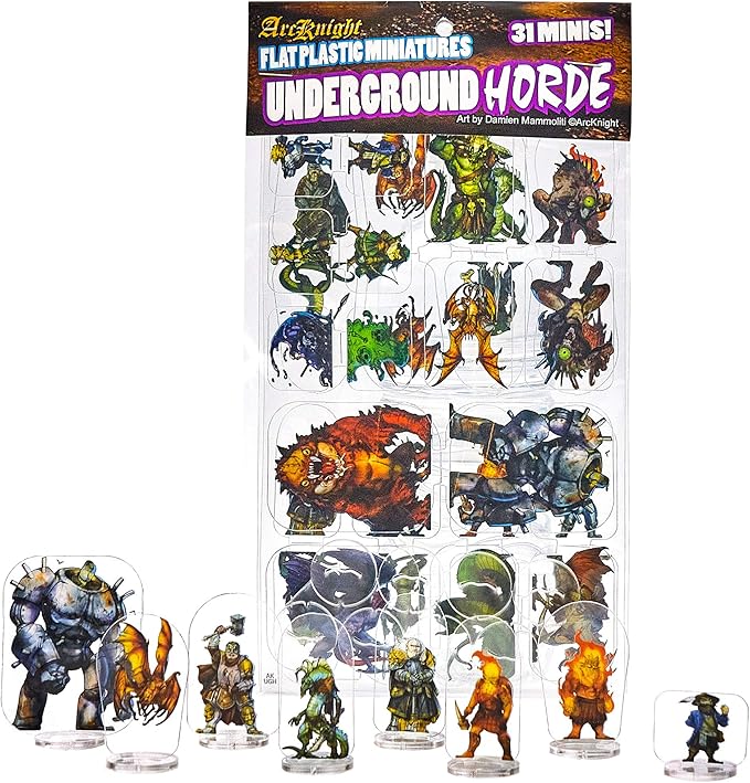 Arcknight Flat Plastic Miniatures: Underground Horde; 31 Unique Subterranean-Themed Minis for DND 5e and Pathfinder; Affordable, Skinny Figurines for Dungeons and Dragons and Other Tabletop RPG Games