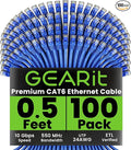 GEARit Cat 6 Ethernet Cable (100-Pack 0.5 Feet) Cat6 Network Patch, 10Gbps, RJ45, Snagless Cord, Gold-Plated Connectors, Internet for PC, TV, Tablet, Router, Printer, Servers, IT Data Center - Blue