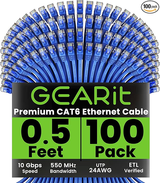 GEARit Cat 6 Ethernet Cable (100-Pack 0.5 Feet) Cat6 Network Patch, 10Gbps, RJ45, Snagless Cord, Gold-Plated Connectors, Internet for PC, TV, Tablet, Router, Printer, Servers, IT Data Center - Blue