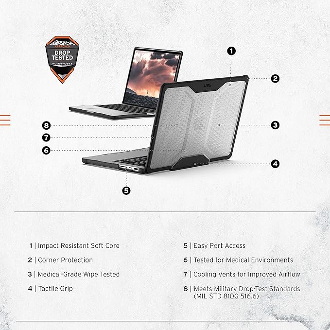 URBAN ARMOR GEAR UAG Designed for MacBook Pro 14 inch Case 2023-2024 M4 M3 Max/Pro (A2918 A2992 A2992 A3112 A3401 A3185) Rugged Touch ID Military Grade Plyo Laptop Cover, Translucent Clear Ice