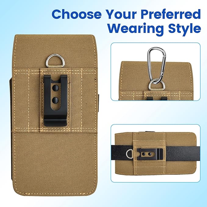 BECPLT for iPhone 17 Pro 17 16/15/14/13/12/11 Pro Belt Case Nylon Phone Holster with Belt Clip and Belt Loops Cell Phone Holder Carrying Pouch for Galaxy S25 S24 S23 S22 S21 S20 - Khaki