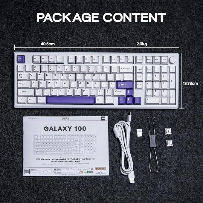 EPOMAKER Galaxy100 QMK/VIA Wireless Mechanical Keyboard with 8000mAh Battery and Numpad, CNC Aluminum, Full Size Gaming Keyboard, USB-C/BT5.0/2.4Ghz (White Purple, Marble White Switch)