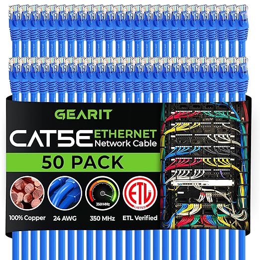 GearIT 50-Pack, Cat5e Ethernet Patch Cable 1 Foot - Snagless RJ45 Computer LAN Network Cord, Blue - Compatible with 48 Port Switch POE Rackmount 48port Gigabit