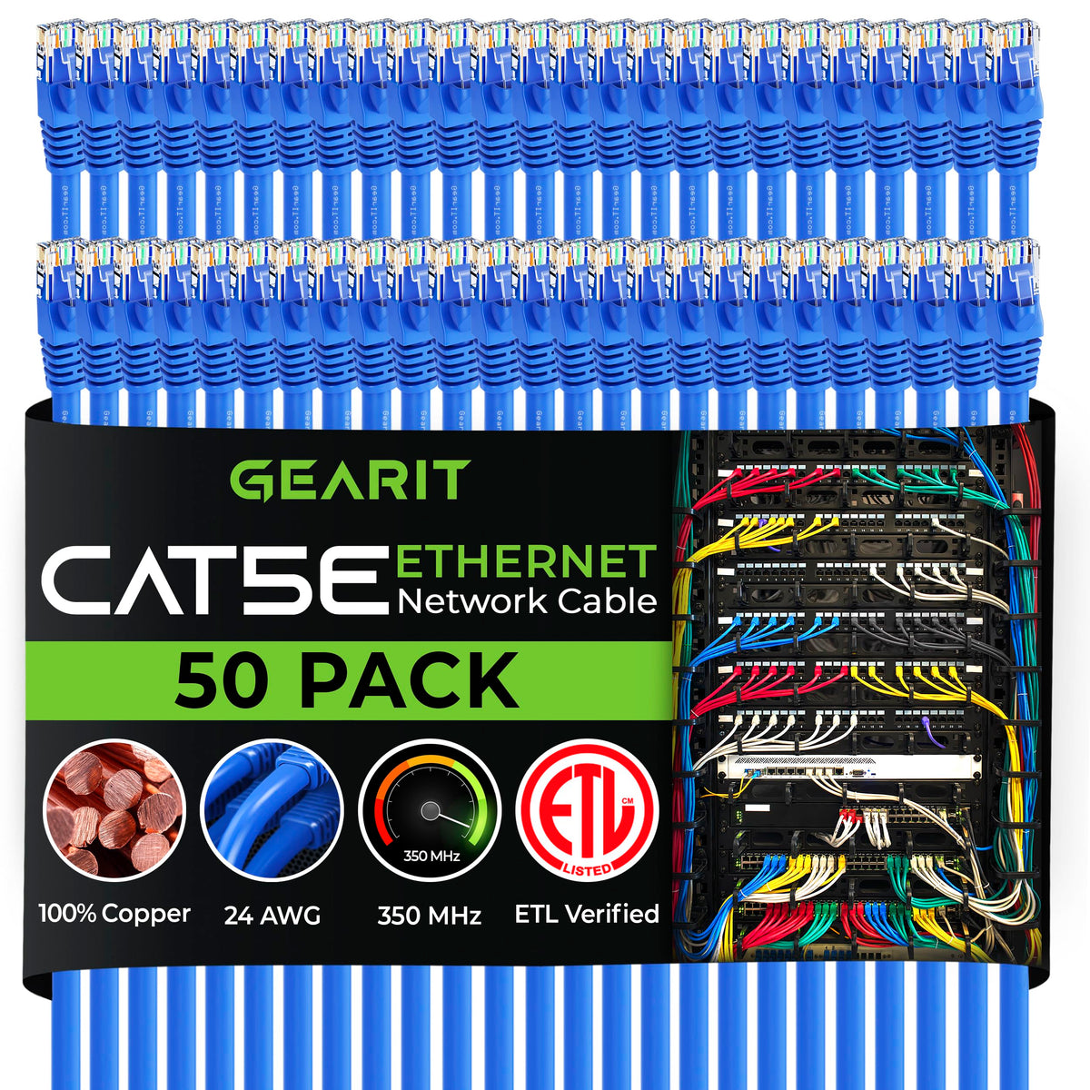 GearIT 50-Pack, Cat5e Ethernet Patch Cable 1 Foot - Snagless RJ45 Computer LAN Network Cord, Yellow - Compatible with 48 Port Switch POE Rackmount 48port Gigabit