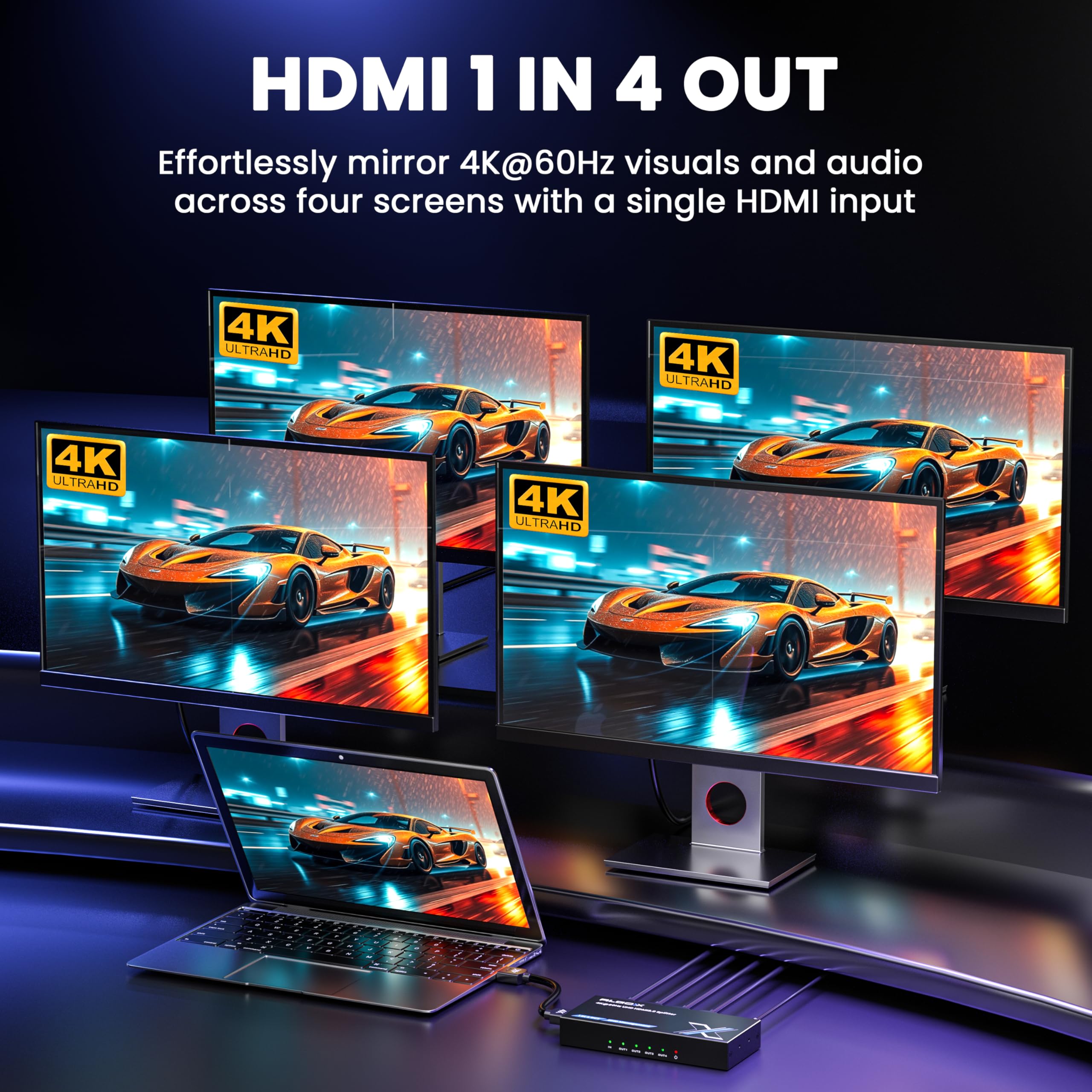 4K HDMI Splitter 1x4 withEDID, 4K@60Hz HDR HDMI 2.0 18Gbps HDMI Duplicator Support HDCP 2.3 for Switch2 Apple TV, PS5... (Uncompressed, Zero-Latency, No Loss of Image Quality 1 in 4 Out)