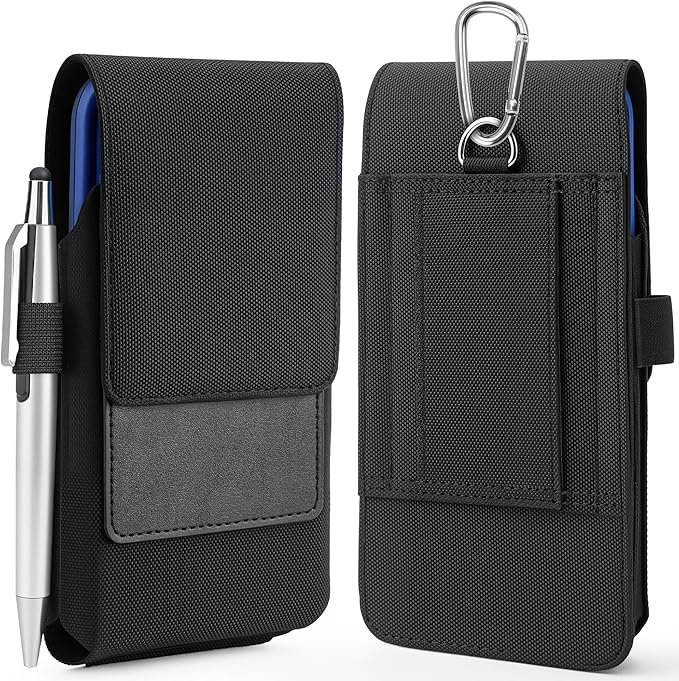 Mopaclle Nylon Phone Holster for iPhone 17 Pro iPhone 16 Pro 16e 15Pro 14 13 12 11,Samsung Galaxy S25 S24 S23 S22 S21 Cell Phone Belt Holder with Carabiner Clip & ID Card Pocket Pouch for Men Women