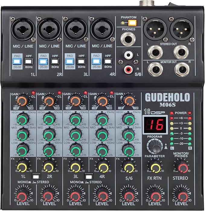 6-Channel Professional DJ Audio Mixer, DJ Controller Sound Mixer DSP 16 Preset Effects, Ideal for Home Party