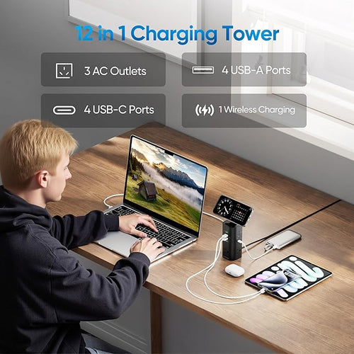 160W Fast Charging Station, TenTrend Power Strip Tower, 5FT Extension Cord
