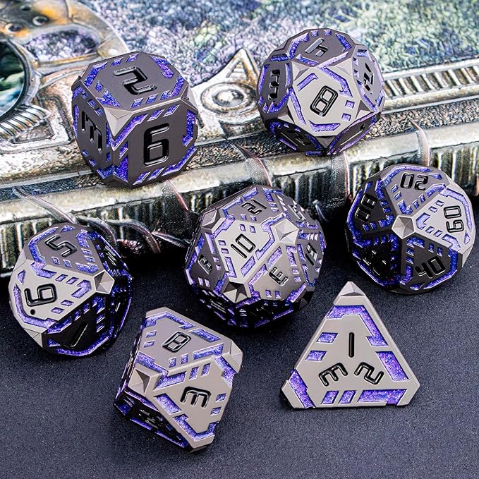 Metal DND Sci-fi Dice Set 7PCS Stripe Polyhedral Dice for Dungeons Dragons RPG Role Playing Game, Glitter D and D Dice with Gift Box D6 D8 D10 D12 D20 (Black Purple) ﻿