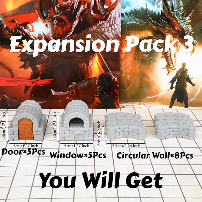 Dungeon Walls 40pcs 28mm Miniature RPG Terrain Modular System DND Building Accessories for Tabletop Role Playing Scenes, Gift of Christmas Halloween for DM (Expansion Pack 3)