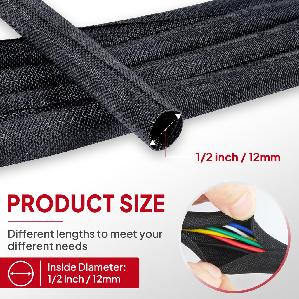 BuyUneed Black Split Braided Cable Management Sleeves 1/2inch -30Feet