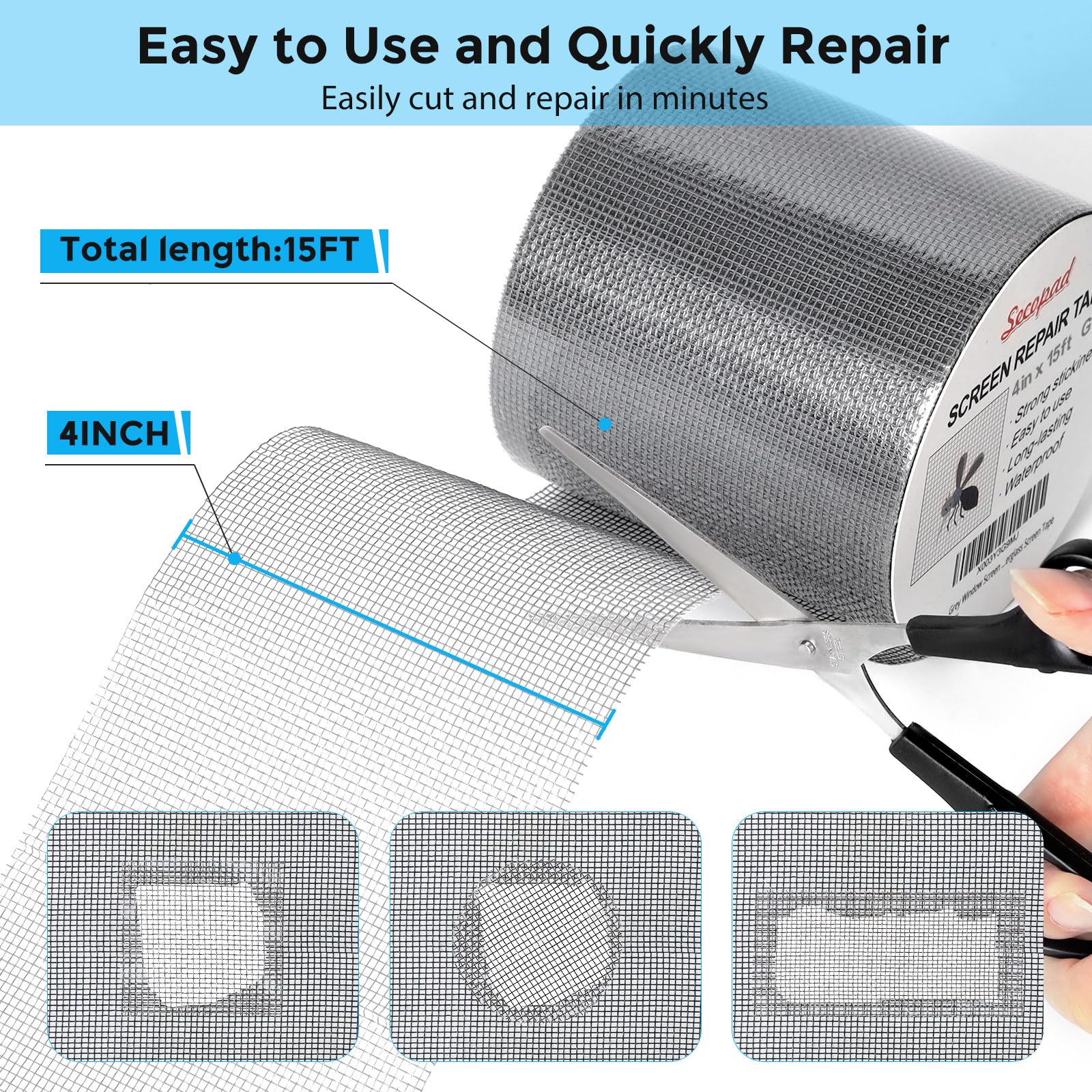 Secopad Grey Window Screen Repair Tape, 4 in X 15 FT (180IN) Screen Repair Kit for Windows or Doors, Strong Adhesive Fiberglass Mesh Patch Tape