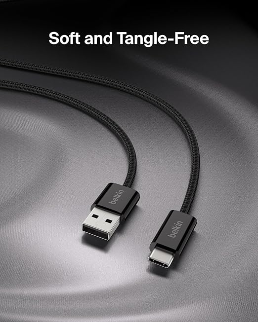 Belkin USB A to USB C Cable, 6.6ft, 15W - Type C Charger, iPhone Charger Cord, Soft, Braided, Flexible for iPhone 16 & 15, Galaxy S25, Pixel 9, iPad Pro, Airpods Pro, Switch & More - Black