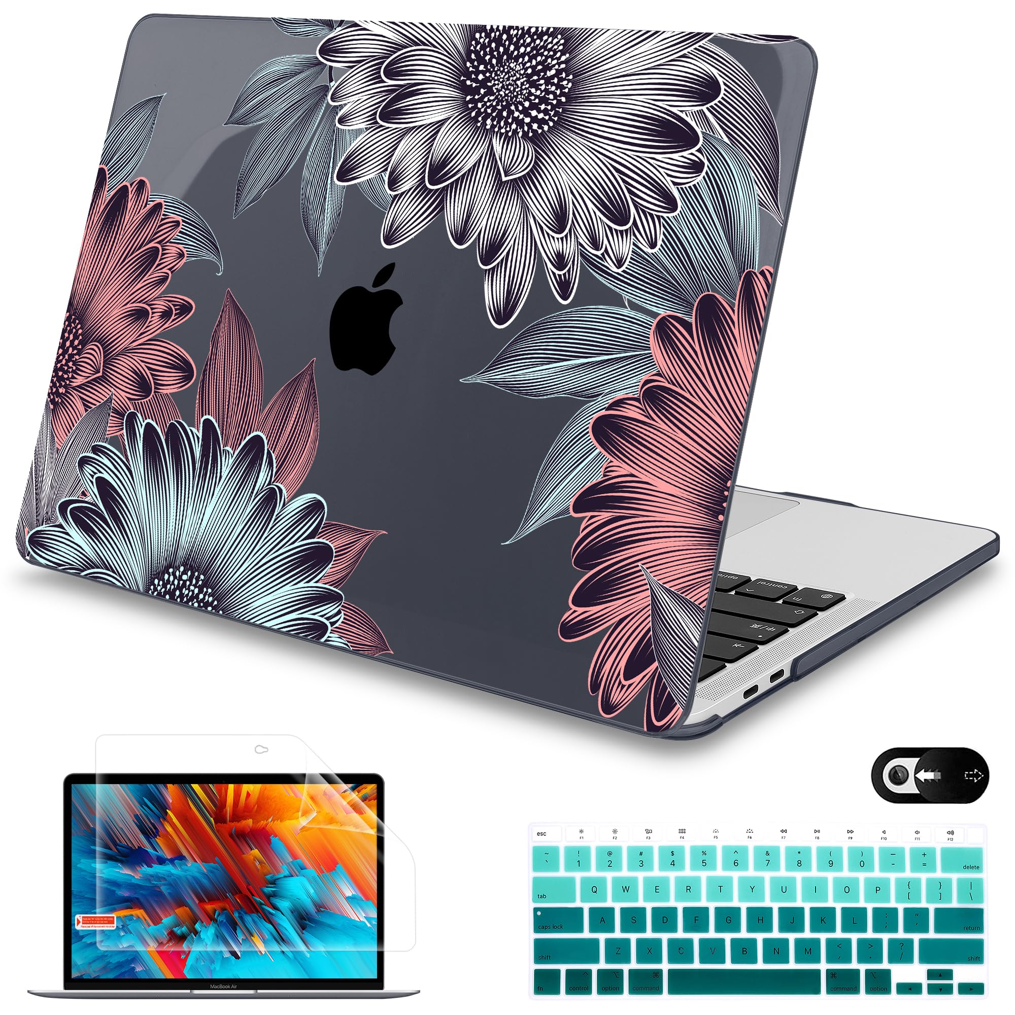 Mektron for MacBook Air 13 Case A1466/A1369 (2010-2017 Release), Snap-on Plastic Hard Shell Cover for MacBook Air 13.3 inch with Keyboard Cover,Blooming Chrysanthemums