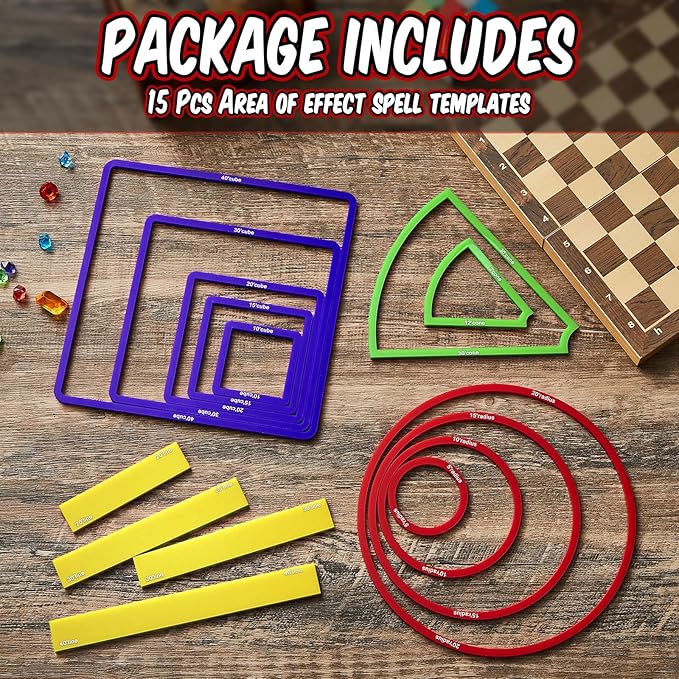 Sintuff 15 Pcs Spell AOE Damage Template Translucent Acrylic Area of Effect Spell Set Include 5 Cube 4 Circle 2 Cone 4 Line Templates for Gifts Tabletop RPG Gaming Accessories(Colorful)