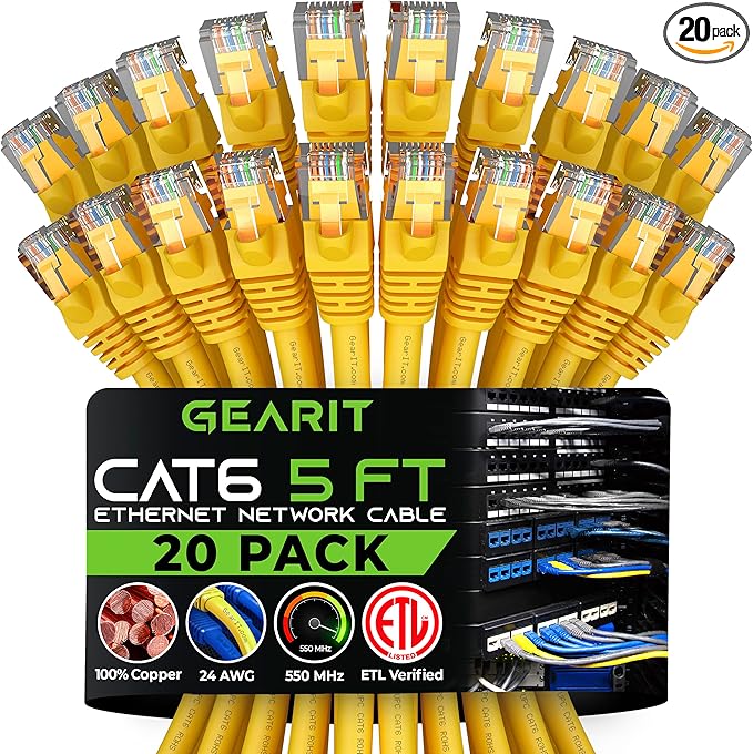 GearIT Cat 6 Ethernet Cable (20-Pack 5 Feet) Cat6 Network Patch, 10Gbps, RJ45, Snagless Cord, Gold-Plated Connectors, Internet for PC, TV, Tablet, Router, Printer, Servers, IT Data Center - Yellow