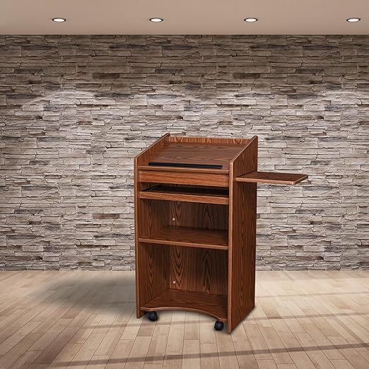 OEF Furnishings Mobile Floor Lectern with Side Shelf And Keyboard Tray, Medium Oak