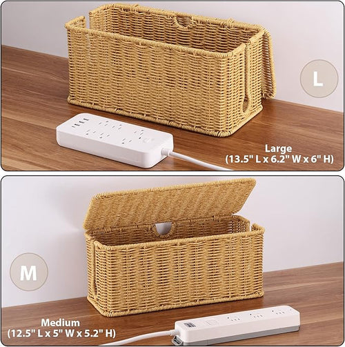 2Pack Large Cable Management Box, Handwoven Imitation Rattan Cord Organizer