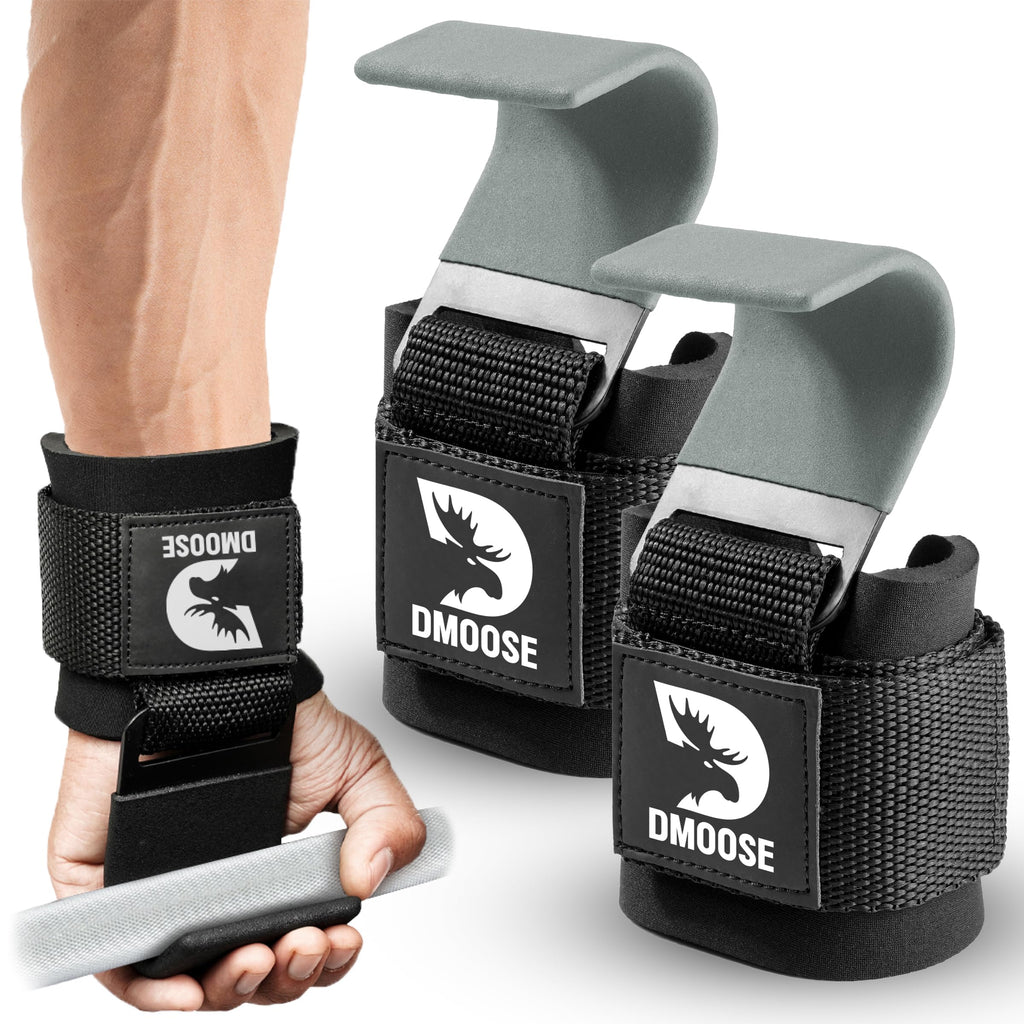 DMoose Fitness Weight Lifting Hooks (Pair) for Deadlifts, Pull Ups, Rows & Shrugs - Anti-Rip Nylon Strap Hand Grips with Thick Wrist Padding - Heavy Duty Wrist Straps for Weightlifting (Grey)